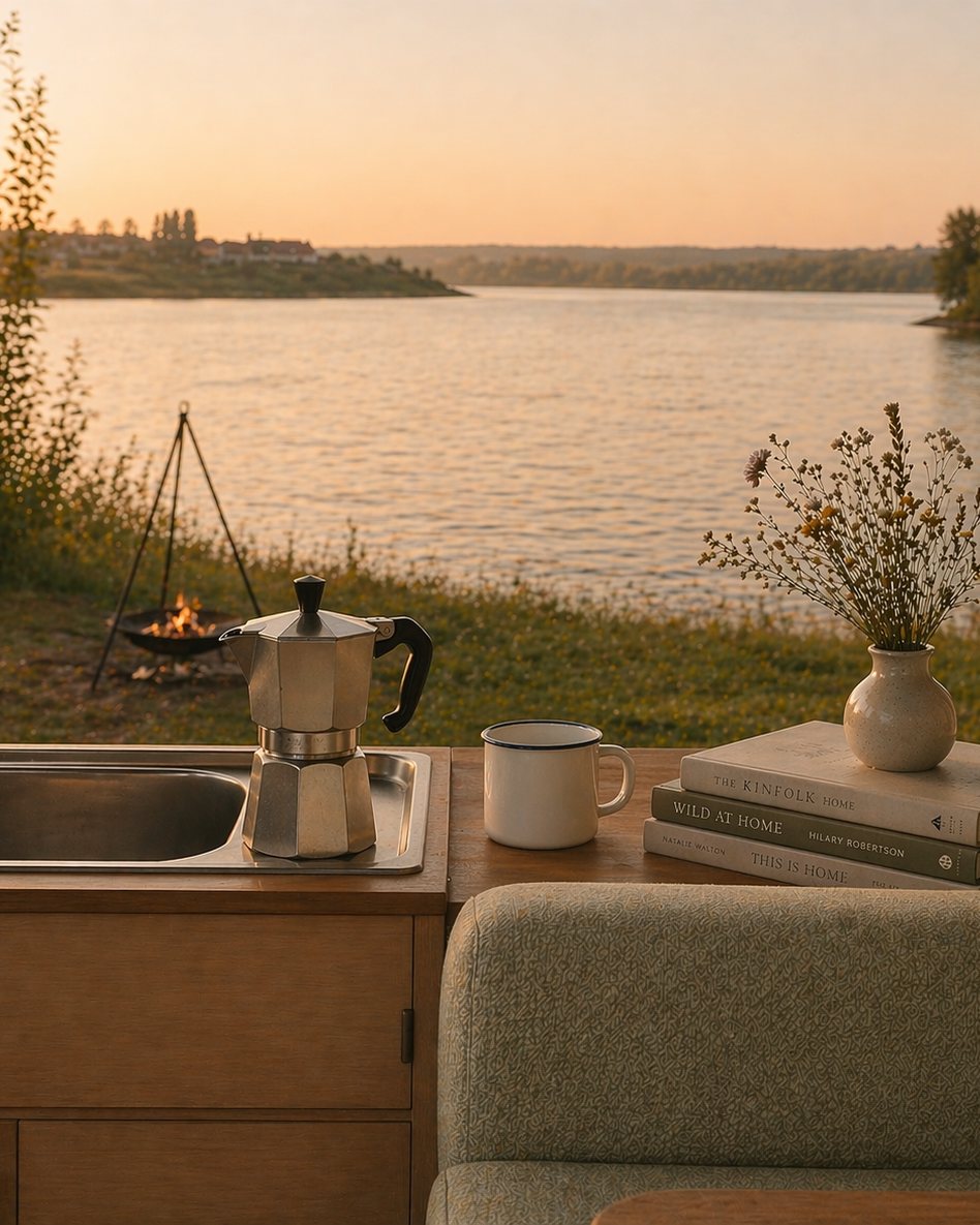Moka pot, mug and books by the lake at golden hour