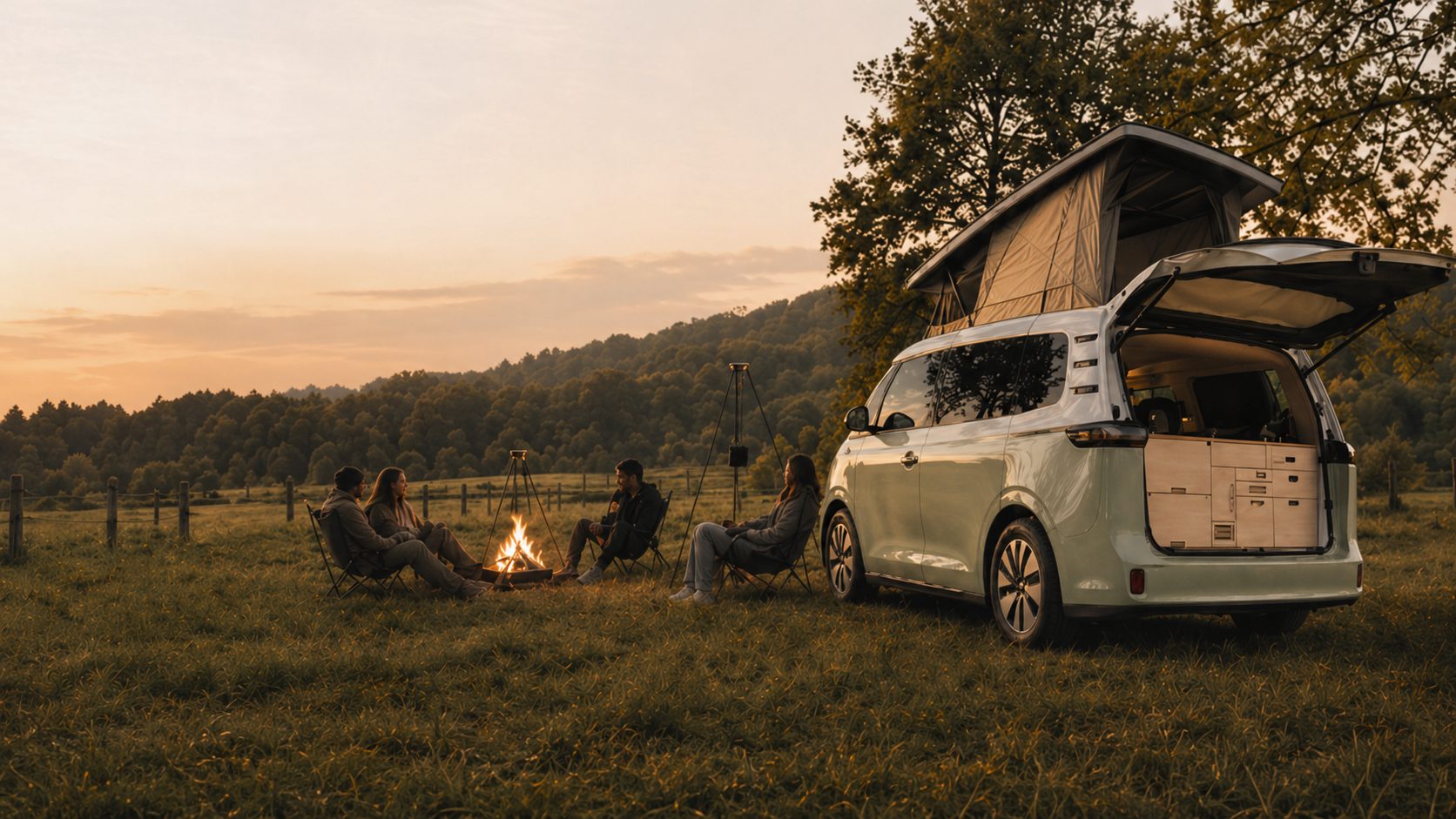 People around a campfire beside a VW ID Buzz at golden hour